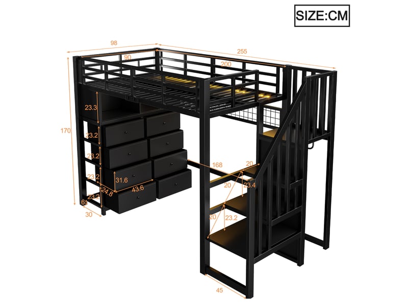  Lit mezzanine 90x200 cm en mdf et métal avec 8 tiroirs, rangements, led, étagères et échelle noir chicfurn  - Conforama C