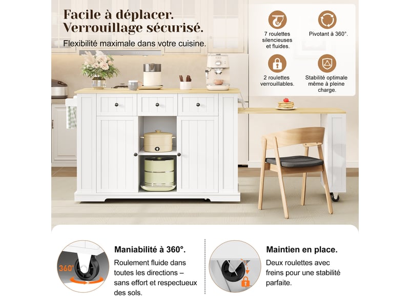  Îlot de cuisine mobile blanc et bois naturel en mdf, table extensible, prise intégrée, roulettes, 138 (213) × 55 × 93 cm  - Conforama D