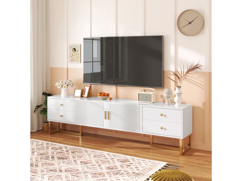  Meuble tv avec 4 tiroirs, 2 portes texturées, charnières amorties et pieds dorés en mdf blanc 175×30×46 cm  - Conforama E