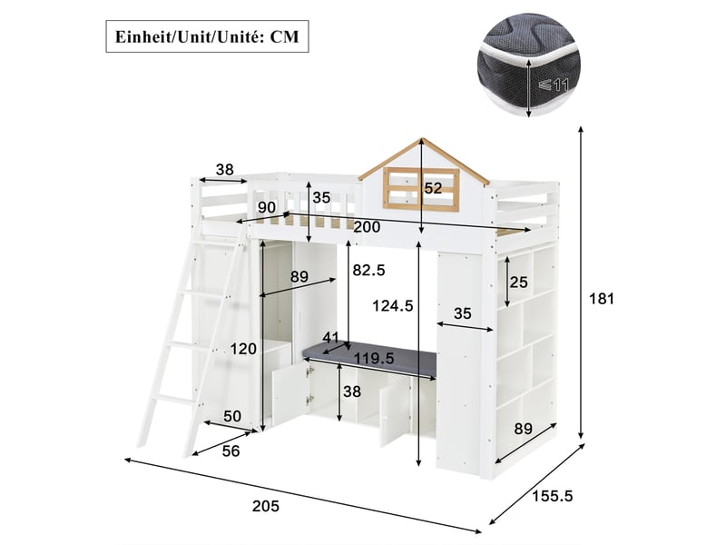  Lit mezzanine combiné modenvie 90 x 200 cm blanc et naturel avec armoire, étagères et banquette  - Conforama C