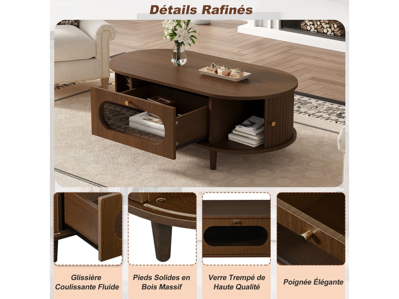  Table basse rectangulaire – décor noyer, 1 tiroir et 2 portes à rideau – 100 x 50 x 36 cm  - Conforama E
