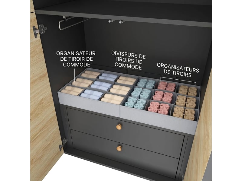  Armoire 8 portes 180x50x200 cm avec 6 tiroirs et 2 tringles, penderie chêne moderne  - Conforama E
