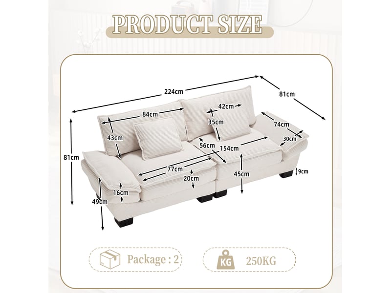 Canapé 2 places 224x81x81 cm ultra-profond avec 2 coussins, structure bois, velours beige  - Conforama C