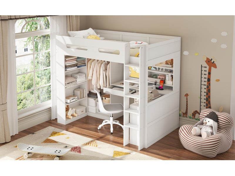 Lit mezzanine 90 × 200 cm, bureau, armoire, étagères, tiroir, led, usb et garde-corps hauts, bois massif et mdf, blanc - Conforama B