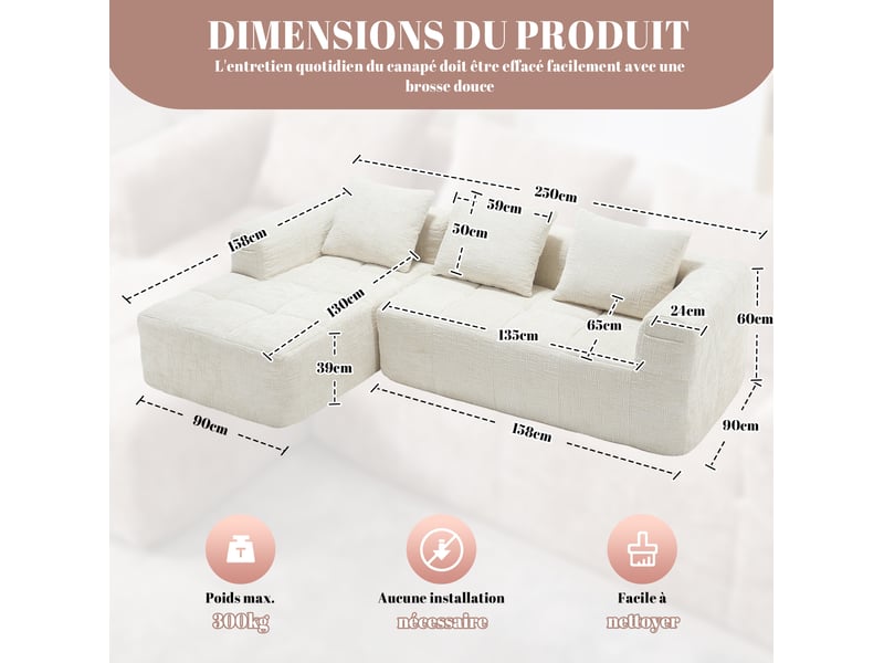  Canapé d'angle modulable modenvie 3 places en chenille beige 250 x 158 x 60 cm  - Conforama C