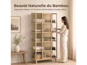 Armoire chambre penderie en bambou 5 niveaux avec porte coulissante, bois naturel, design aéré à lattes
