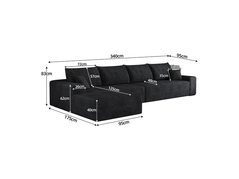 Canapé d’angle modulaire avec méridienne en l sans montage - lpospi - assise profonde velours côtelé noir 340 cm - Conforama D