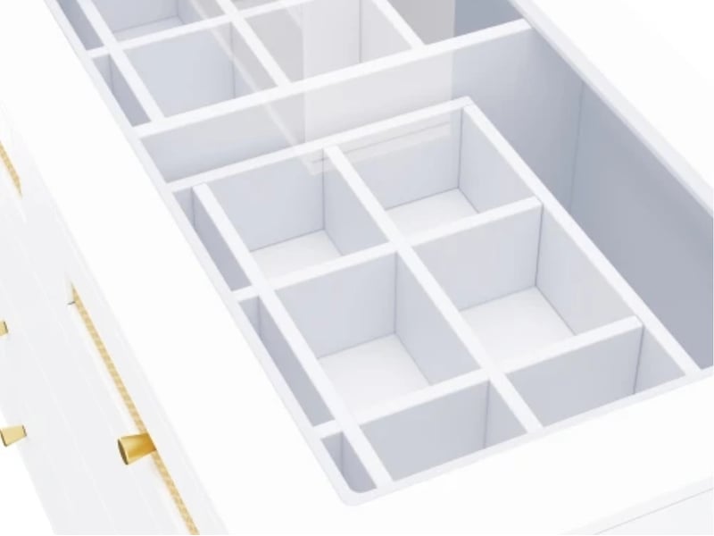  Coiffeuse 105×50×108cm, miroir + bijoux, 10 tiroirs, verre trempé, rotin, blanc  - Conforama E