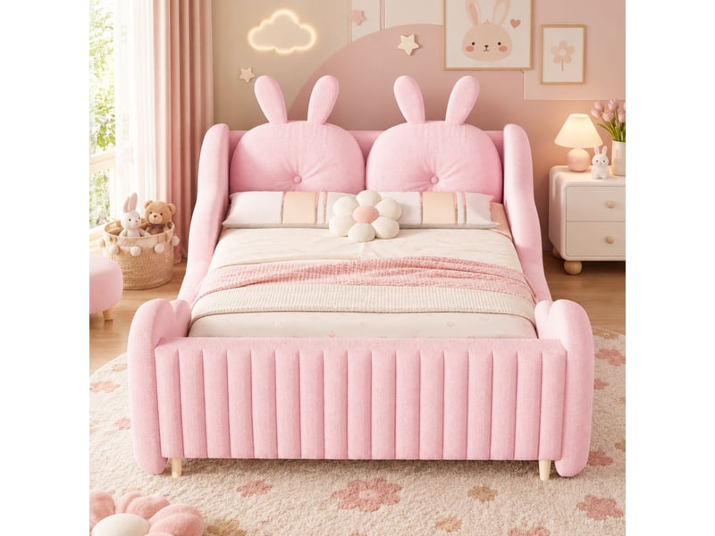  Lit enfant capitonné 140x200 cm rose en tissu bouclé, tête de lit coussin lapin et barrières nuage, sans matelas  - Conforama E