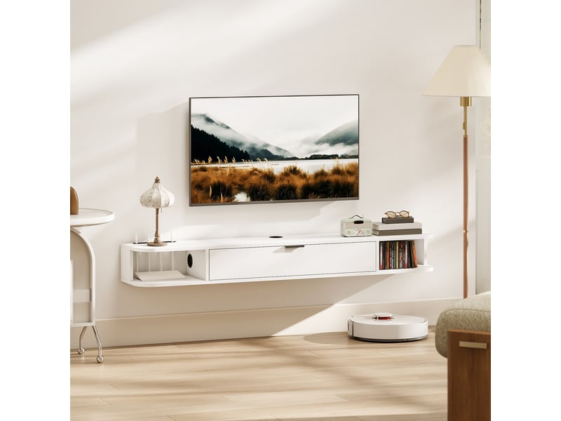  Meuble tv suspendu, meuble télé pour téléviseur jusqu'à 60 pouces, tiroir rabattable, 140x24x16cm, 2 étagères, blanc  - Conforama D