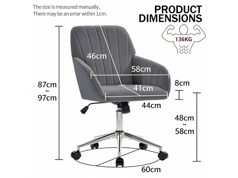  Chaise de bureau pivotante en velours gris, hauteur réglable 50 à 59 cm, pour travail et longues journées assises  - Conforama C