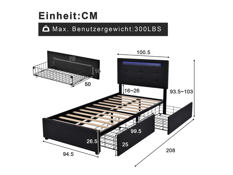  Lit simple 90x200cm cadre de lit avec éclairage led et 2 tiroirs lit simple capitonné sommier à lattes en bois,gris  - Conforama C