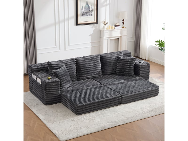  Canapé convertible 4 places en velours côtelé gris foncé, 273 x 98 x 87 cm, porte-gobelets, poches latérales, livré compressé, agencement modulable CARDUME ESTIVAL - Conforama D