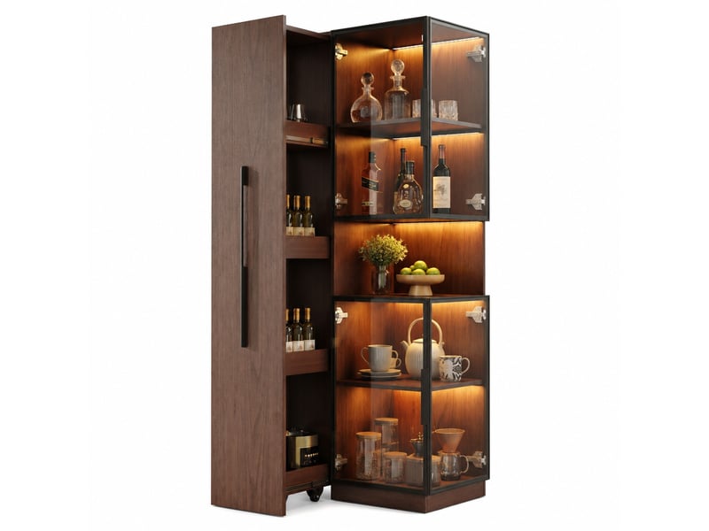 Vitrine led avec étagères latérales coulissantes, pour salon ou salle à manger, mdf et verre, noyer, 70 × 38 × 160 cm - Conforama A