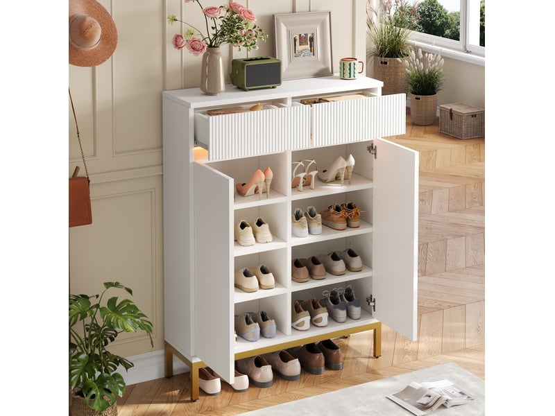  Meuble à chaussures 80 x 35 x 103 cm en mdf et panneaux de particules avec tiroirs et led blanc chicfurn  - Conforama B