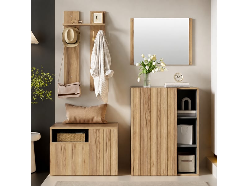  Ensemble vestiaire 4 pièces avec miroir, meuble à chaussures et banc, noir et bois, 120 cm  - Conforama E