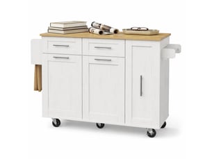 Desserte de cuisine avec plateau rabattable, rangement et roulettes, blanche