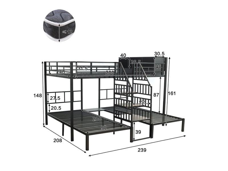  Lit superposé 3 places 90x200 &amp; 140x200 cm, lit triple d'angle gain de place avec escalier de rangement et barrière de sécurité, noir  - Conforama E