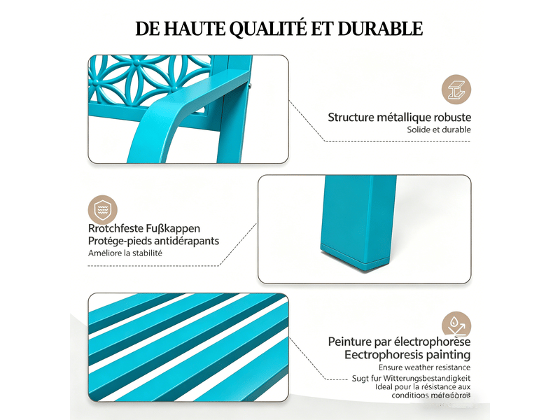 Banc de jardin en métal, banc de parc en fer, résistant 250 kg, intempéries, pour balcon, jardin, terrasse, 127×61×84cm, bleu  - Conforama C