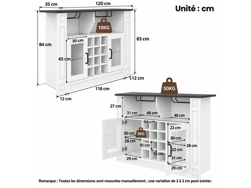 Buffet de cuisine 120x35x84 cm blanc en mdf, led, casiers à bouteilles et supports pour verres - Conforama C