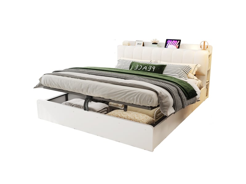  Lit coffre en bois 180x200 cm blanc, rangement hydraulique, tête de lit avec niches, usb et veilleuse Fay Lum - Conforama A