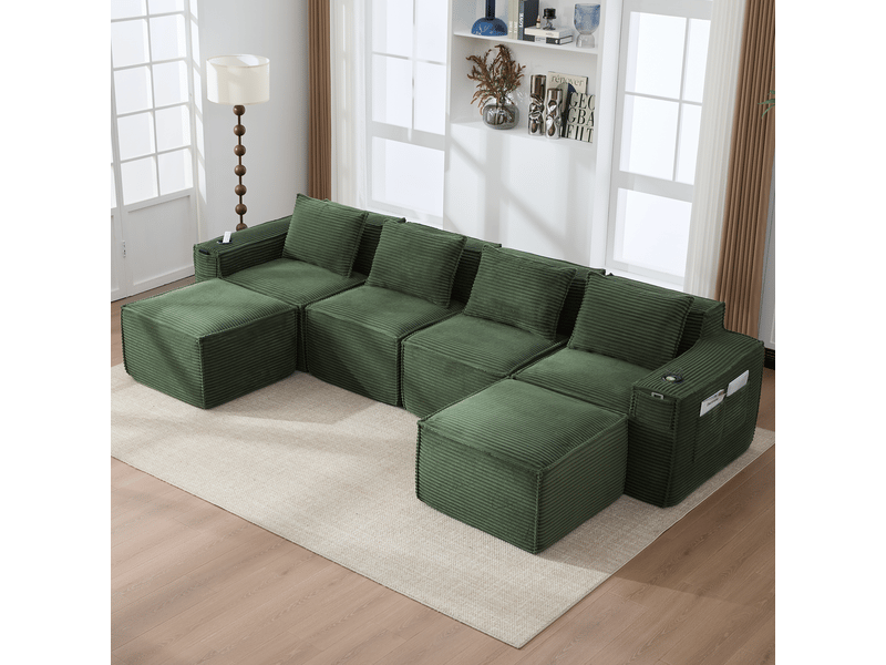  Canapé modulable vert 4 places en velours côtelé avec deux poufs, ressorts et mousse haute densité, pour salon contemporain  - Conforama C