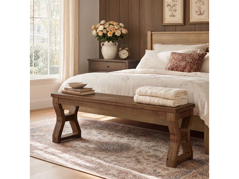  Banc en bois massif de 140 cm avec pieds en x, banc à chaussures pour entrée avec rangement ouvert  - Conforama D