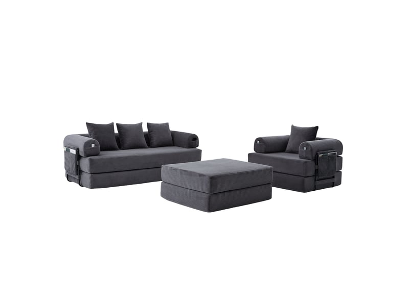  Canapé modulable 4 places en velours côtelé gris foncé 200x190x67 cm avec pouf, poche latérale et coussins pour salon 200x190x67cm - Conforama A