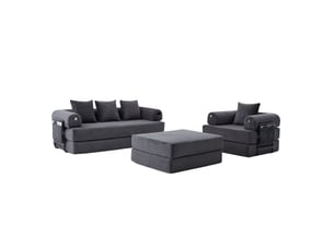 Canapé modulable 4 places en velours côtelé gris foncé 200x190x67 cm avec pouf, poche latérale et coussins pour salon