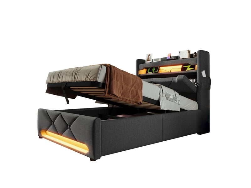 Lit coffre, lit enfant 90x200 cm, rangement hydraulique, tête de lit avec rangement, led 360°, usbusb-c, lin gris, matelas inclus - Conforama B