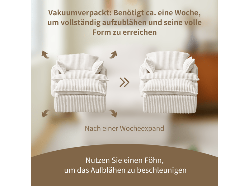 Fauteuil avec pouf compact pour petit espace - repose-pieds, coussin décoratif, tissu flanelle beige - Conforama E