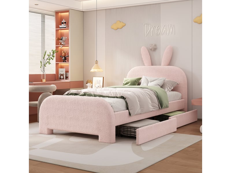  Lit enfant 90x200 peluche forme lapin, 2 tiroirs, lattis inclus, très confortable et sécurisé, sans matelas, rose  - Conforama B