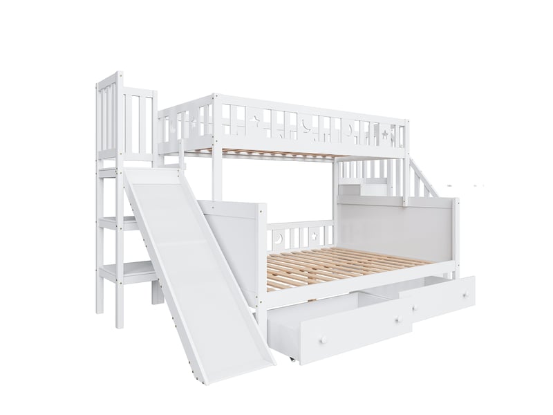  Lit superposé avec toboggan et tiroirs de rangement, lit enfant bois massif blanc 90x200 et 140x200 cm, sommier à lattes inclus  - Conforama C