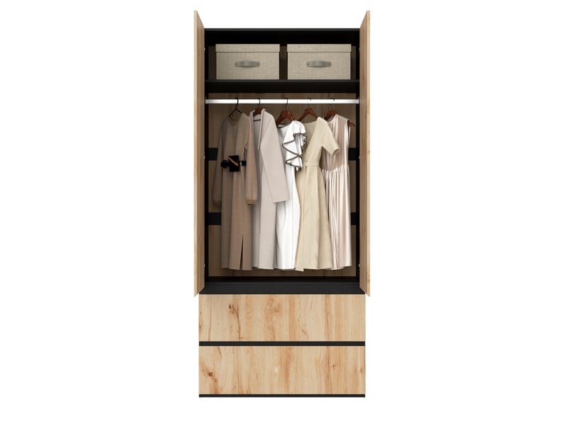  Armoire chambre 90x50x200 cm, penderie dressing pour entrée et chambre, avec 2 portes et 2 tiroirs, en mdf, chêne  - Conforama D