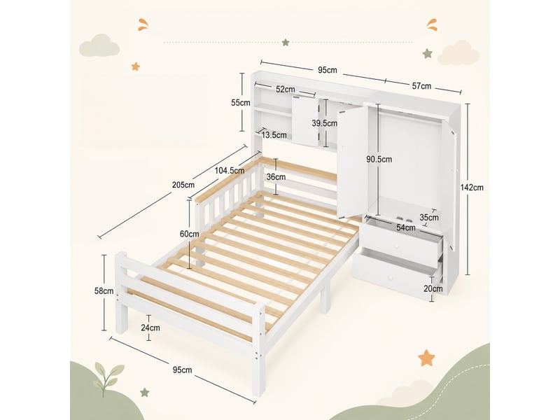  Lit enfant en bois massif, 90 x 200 cm, avec armoire, tiroirs et étagères ouvertes, lit multifonction gain de place, blanc  - Conforama C