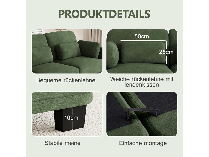  Canapé panoramique 2 places 176 x 143 x 88 cm avec 2 poufs mobiles, assise profonde et modules combinables, tissu chenille, vert Morn Vibe - Conforama D