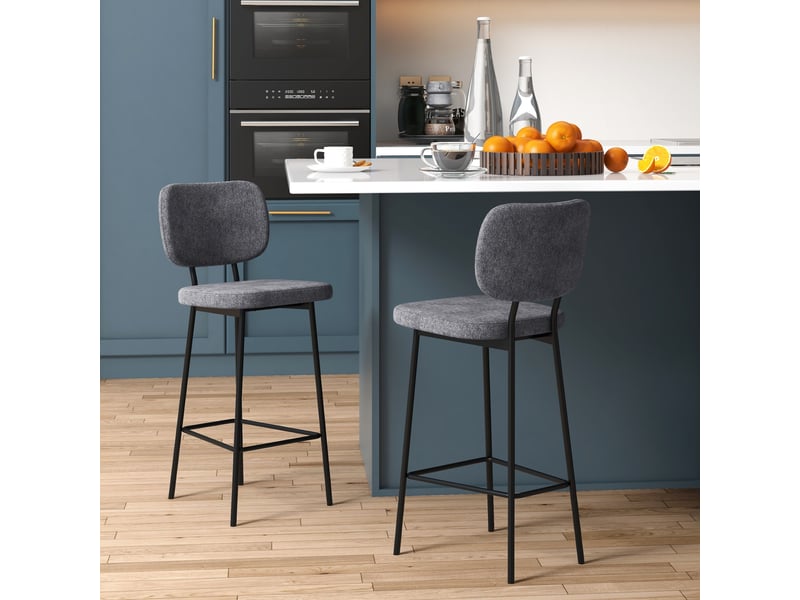  Lot de 2 tabourets de bar chaises hautes chaises de cuisine avec repose-pieds et dossier en tissu de lin et acier  - Conforama C