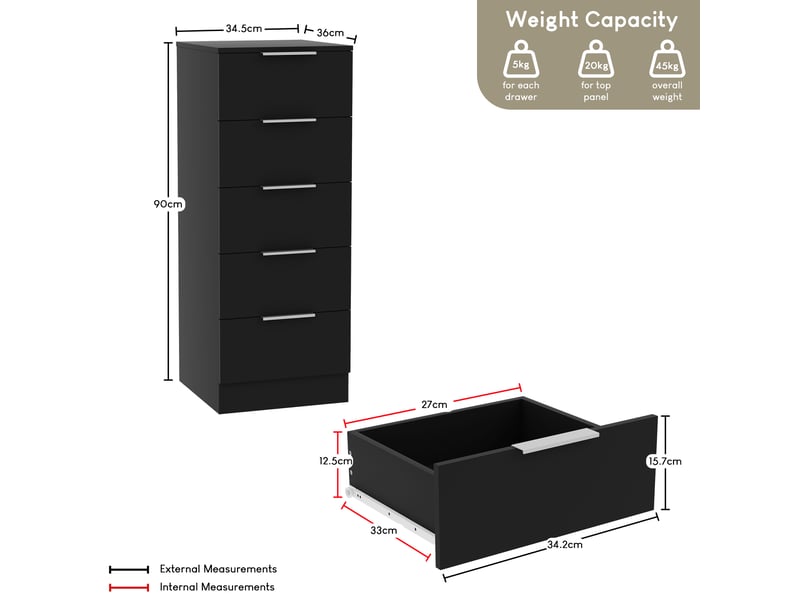  Commode trega 5 tiroirs étroite, chambre, rangement, petit espace, 90x34,5x36cm, noir 3332115 - Conforama D