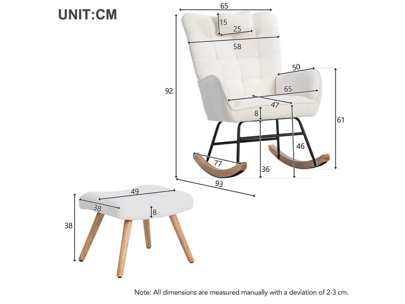  Fauteuil à bascule blanc avec repose-pieds et coussin, tissu bouclette, cadre en bois d'hévéa, assise 65 cm  - Conforama C