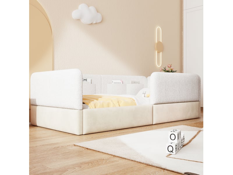  Modenvie lit plateforme capitonné 90x200 cm - avec barrières et poches de rangement - pour chambre d'enfant - blanc  - Conforama E