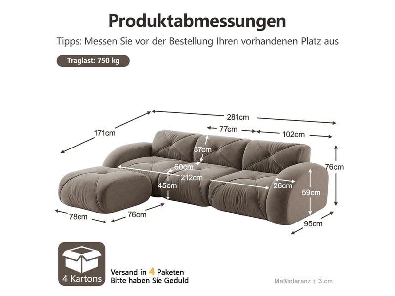  Canapé d'angle, canapé modulable – avec repose-pieds, taupe, 3 places, sans montage, base antidérapante  - Conforama D