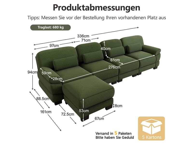 Canapé modulable en l 4 places 336x161x94 cm avec pouf, assise profonde, combinaison flexible, tissu côtelé vert - Conforama C