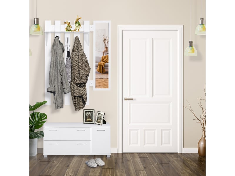  Ensemble d'entrée avec miroir, porte-manteau, étagère à chaussures, 3 crochets, étagère et 2 tiroirs, blanc  - Conforama C