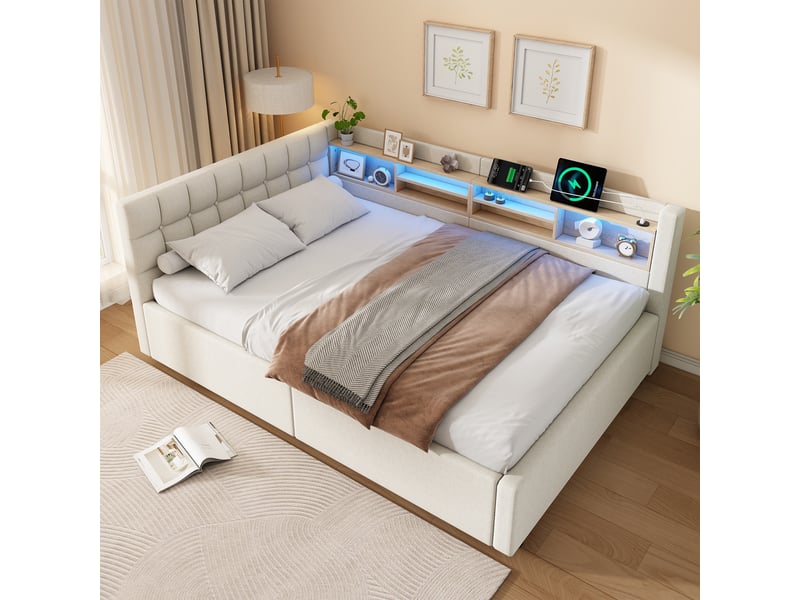  Lit superposé 140x200 cm, lit enfant, couchage d'appoint, rangement hydraulique, étagères, led, port usb, lin beige  - Conforama E
