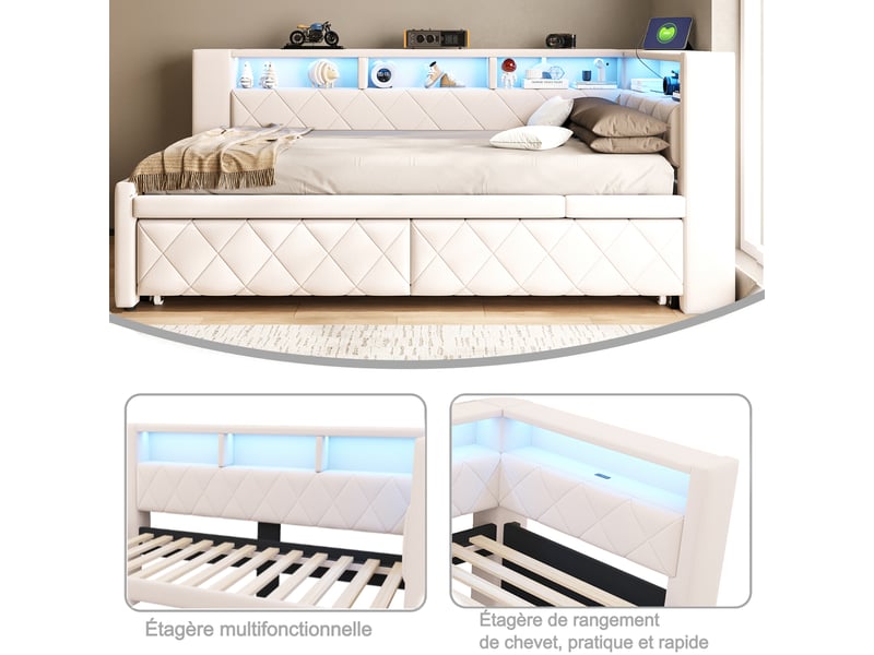 Lit gigogne 90x200 à 180x200 cm, lit banquette extensible, éclairage led, prises intégrées, couchage confortable pour 2 personnes, lin beige CozyNest - Conforama E