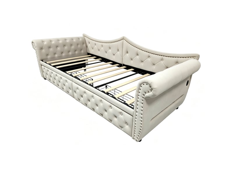  Lit banquette rembourré 90x200 cm beige led velours  - Conforama D