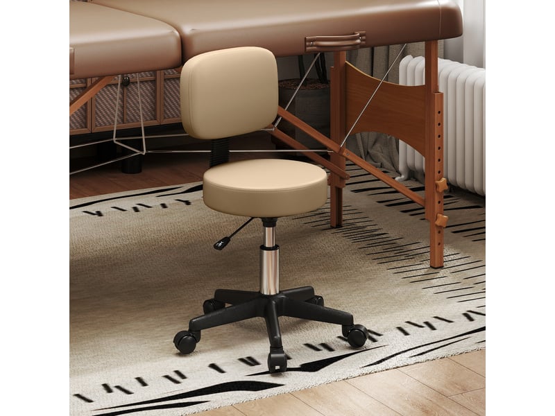  Tabouret à roulettes réglable en hauteur de 72 à 84 cm avec dossier pivotant à 360° pour bureau salon en marron clair  - Conforama D