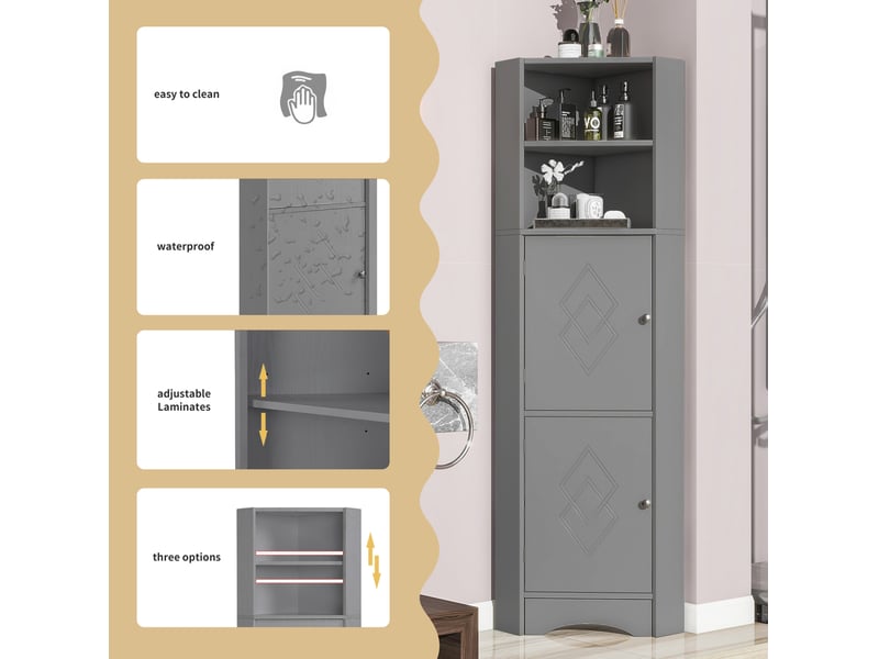 Meuble de salle de bain d'angle avec deux compartiments d'extension, compartiment ouvert avec fond réglable, 36,5 x 36,5 x 155 cm, gris clair - Conforama D