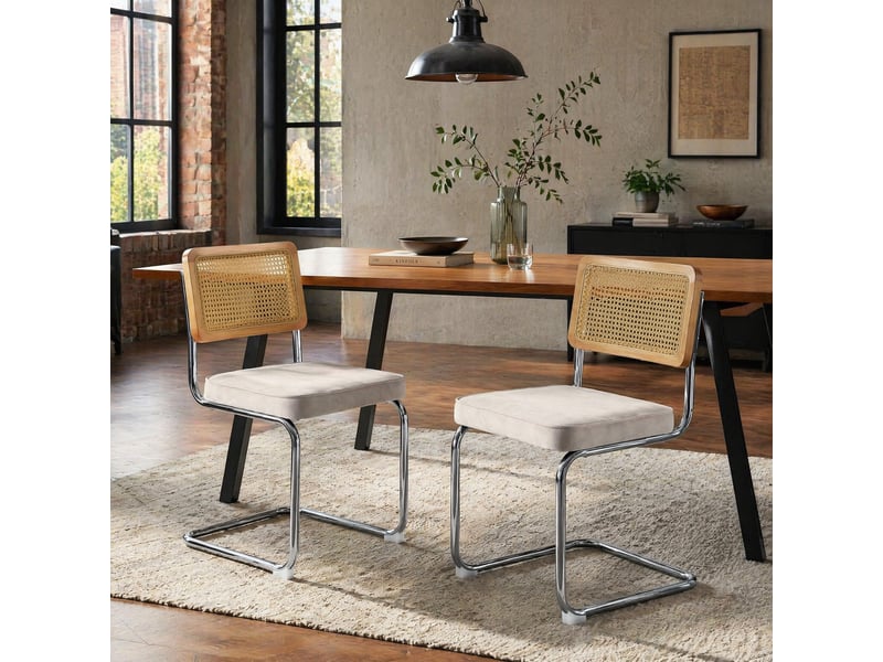  Lot de 2 chaises de salle à manger en velours beige avec dossier en rotin et piètement chromé  - Conforama C