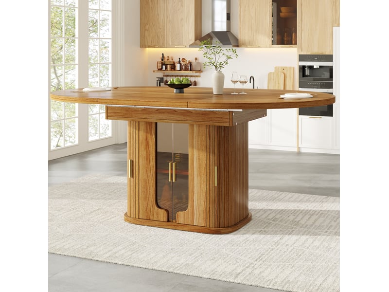 Table à manger extensible ronde à ovale 118-158 cm, mdf bois foncé, rangement central, jusqu'à 6 personnes - Conforama E